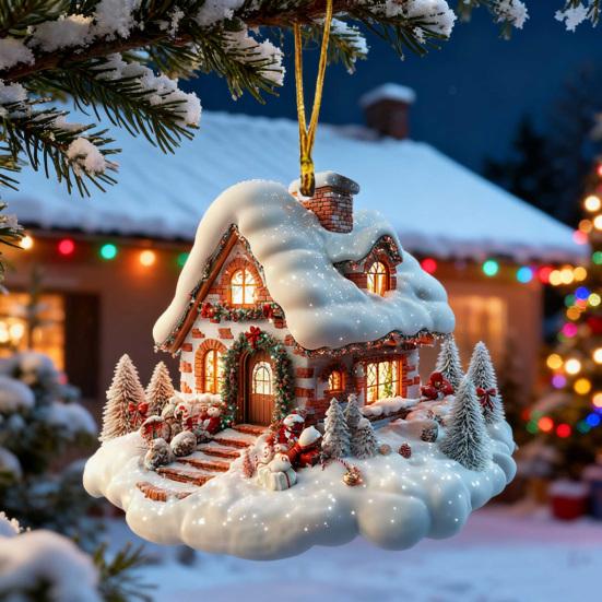 Ozdoba domečku ve sněhové vesnici Rustikální srub Závěsná ozdoba 2D Akrylová chalupa se sněhovou scénou pro Zimní říši divů Vánoční stromek Dekor