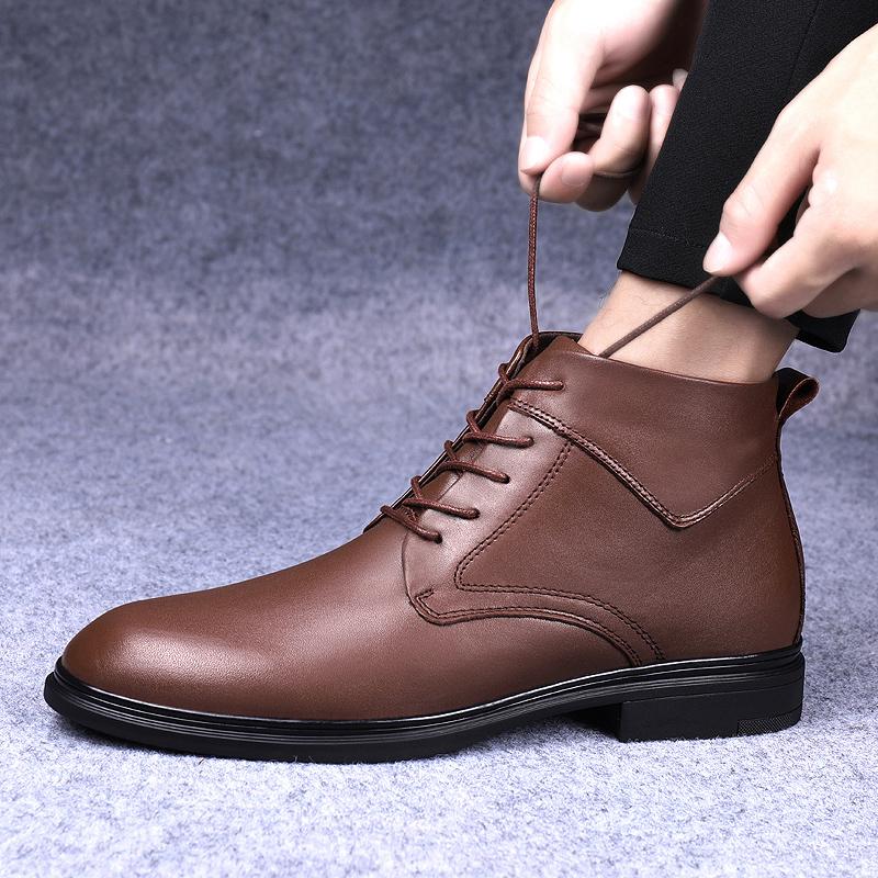 Fashion Handmade Mens Winter Plush Snow Boots Genuine Leather Ankle Boots for Men Leisure Walk Motocross Boots Versatile Walking Botas