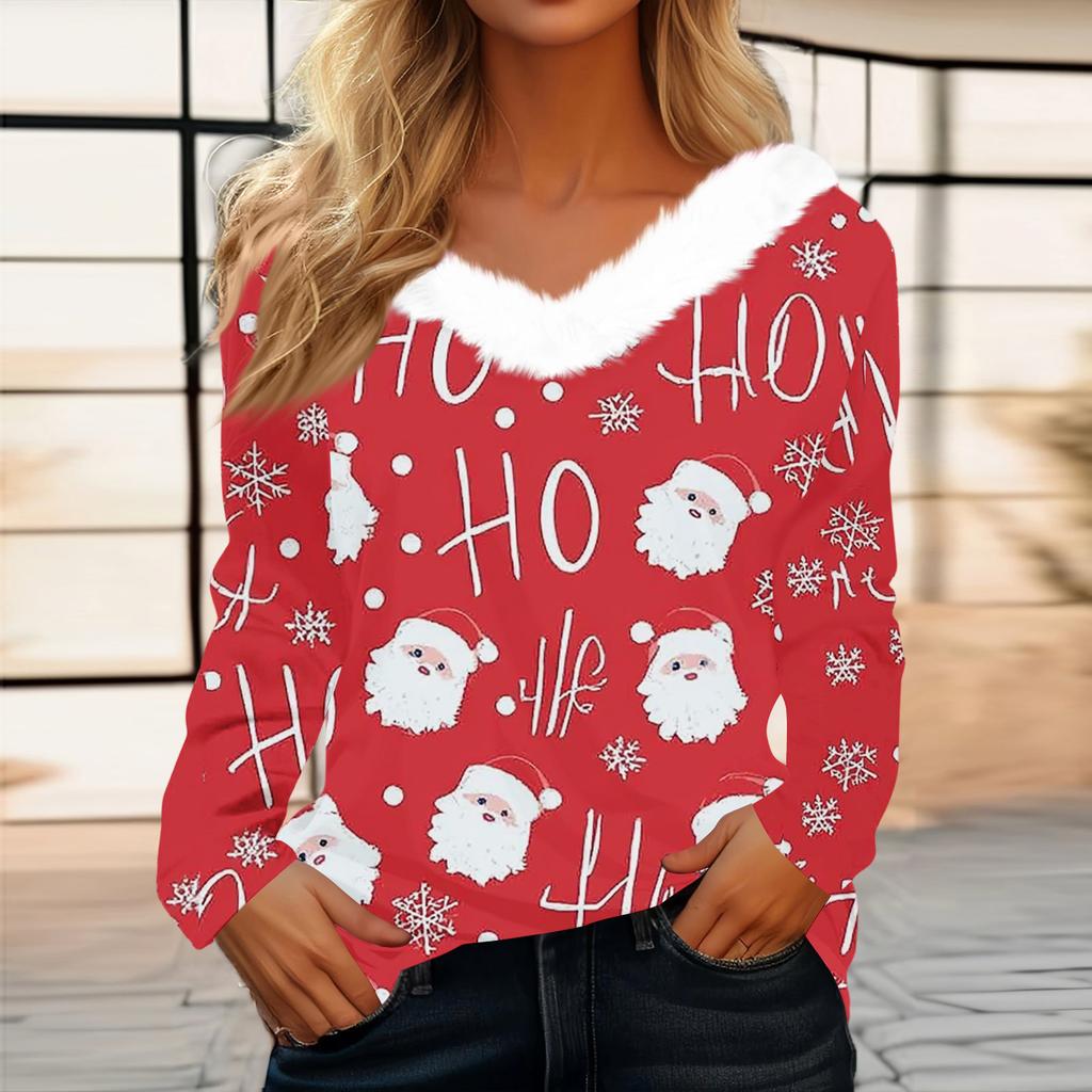 Mode Femme Manches Longues Noël Col V Imprimé Fête Haut Fourrure