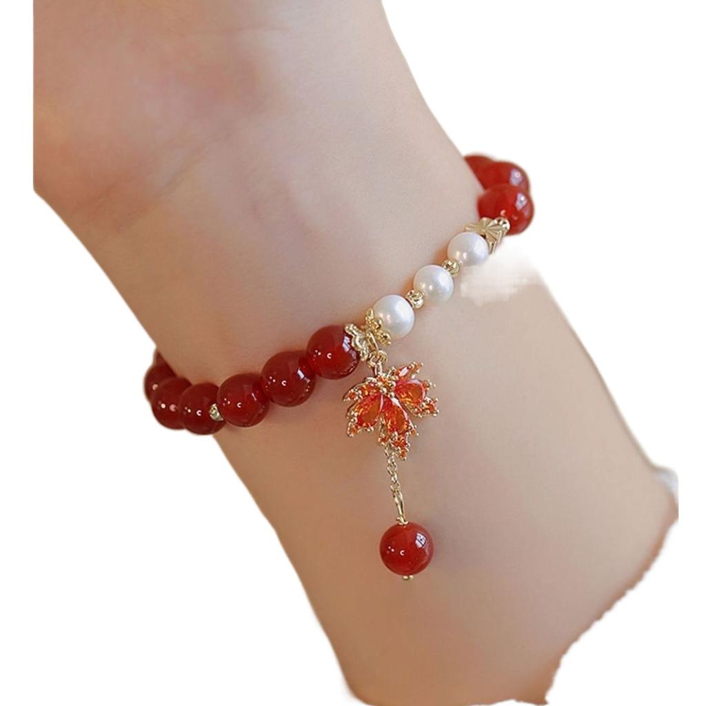 New Maple Leaf Send Acacia Red Bean Bracelet Women's Glass Bracelet High Value Niche Design ins Send Girlfriend