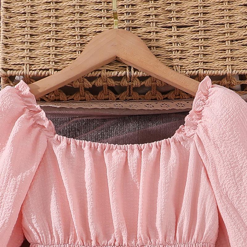 Children's 2025 Autumn French Square Neck Long Sleeve Dress with Waist-Cinching and Large Hem for Big Kids.