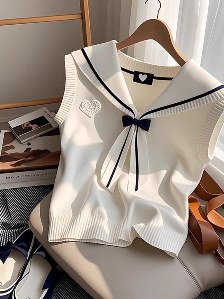 2025 Summer Milk White Knit Sailor Collar Bow Vest - Korean Style Women's Tank Top