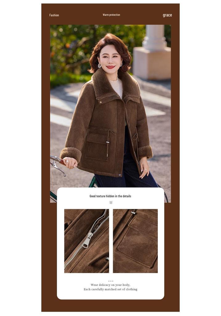 Mid-Age Women's Winter Fashion: Velvet-Thickened Short Cotton Jacket with Leather and Fur