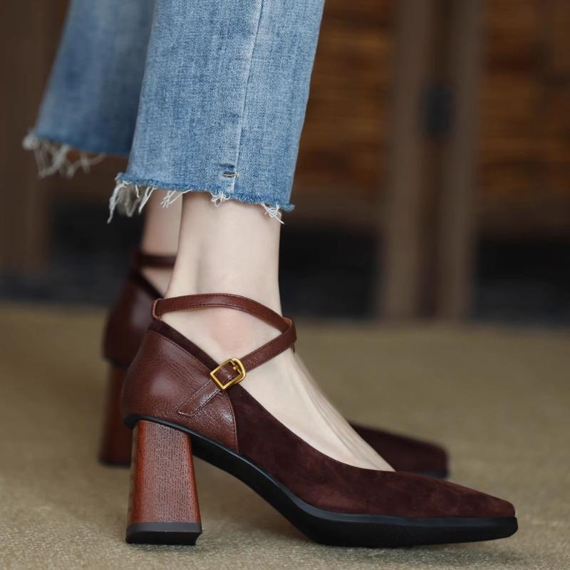 Chengdu style~ retro leather matte splicing small square head cross buckle single shoes women's spring thick heel high heels