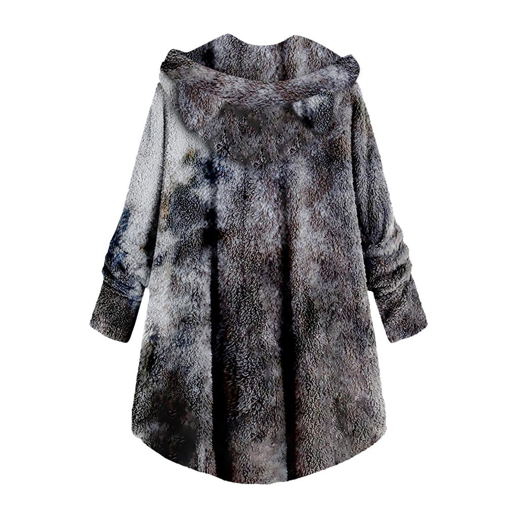 Women Fashion Plush Pocket Winter Tie-dyed Long Sleeve Keep Cat Ears Warm Coat
