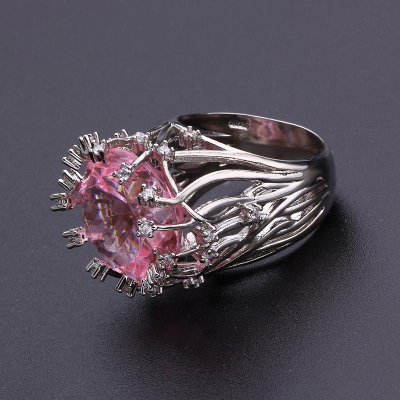 Exaggerated Pink Crystal and Diamond Branch-Shaped Ring for Women