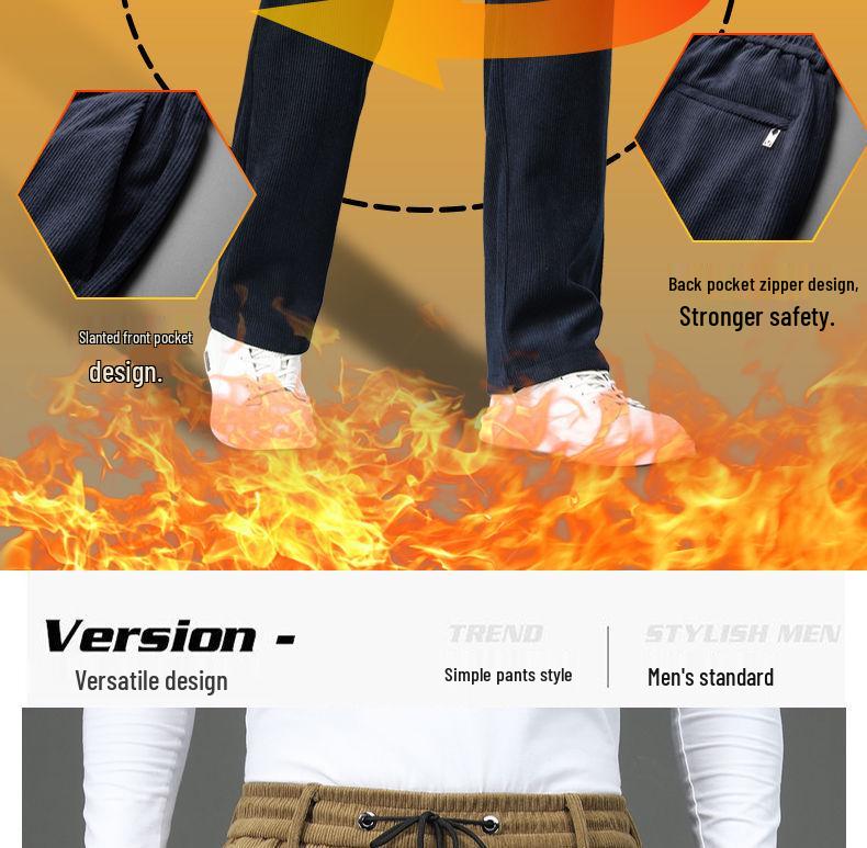 Romon Men's Fleece-Lined Corduroy Pants, Thickened Elastic Waist, Autumn/Winter Warm Casual Style.