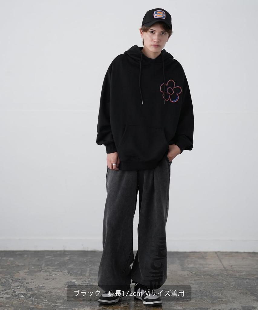 IMPROMES Hooded Sweatshirt [SIDEWAYSTANCE] Embroidered Flower Fleece Pullover Hoodie, Men's, Black