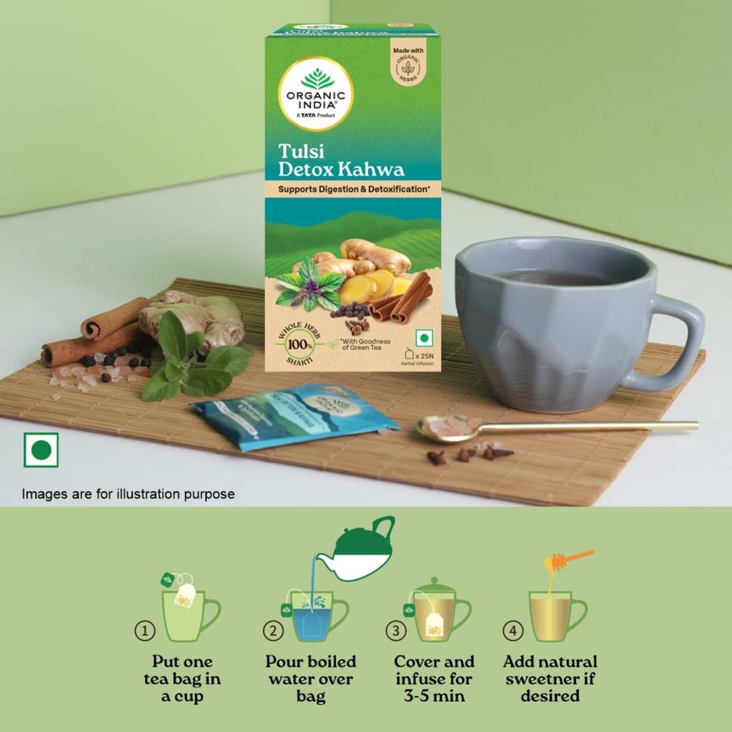 ORGANIC INDIA Tulsi Detox Kahwa Tea Bags 25  | Cleanse, Improve Digestion & Refreshing Herbal Tea