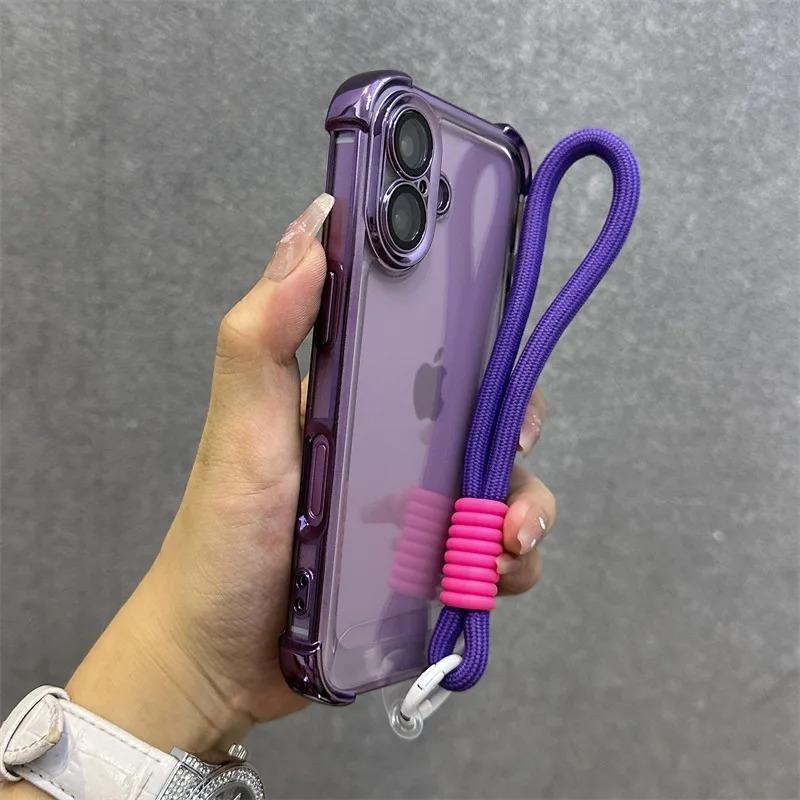 Applicable to iPhone17Promax four corners anti-drop electroplating transparent mobile phone case Apple 16 hand rope protective case