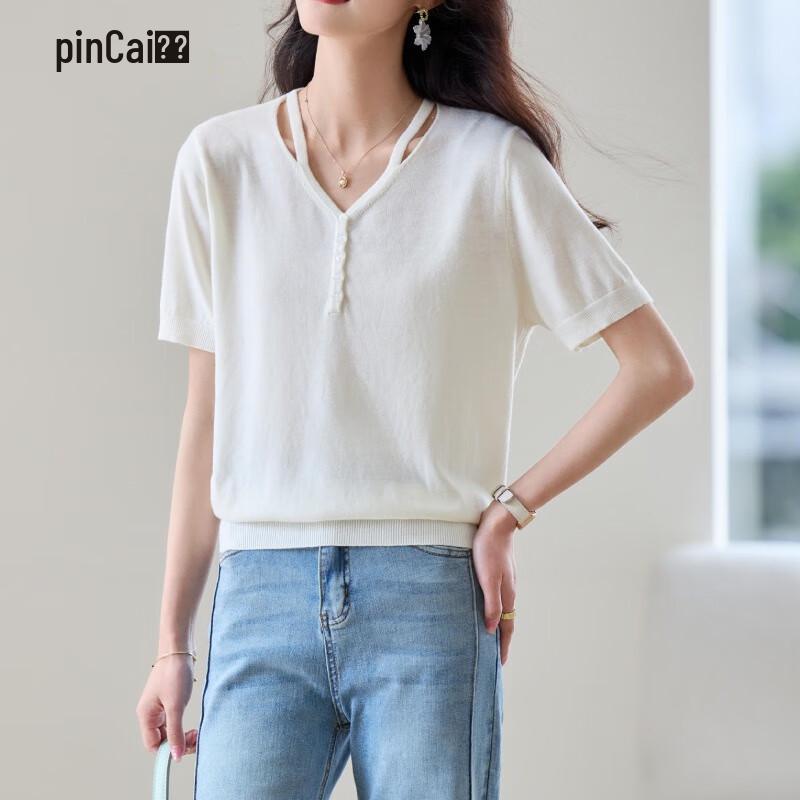 Pin Cai Women s V-Neck Short Sleeve Knitted T-Shirt M