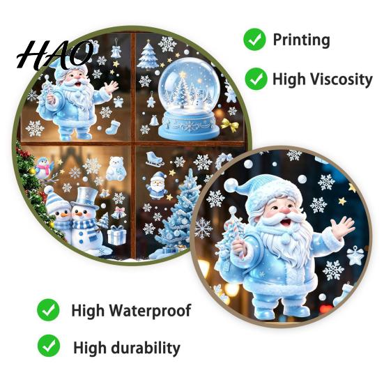 Christmas Window Clings Snowflakes Santa Static Sticker, Waterproof PVC Winter Festive Home Ornaments Decal, Decorative Removable Cling for