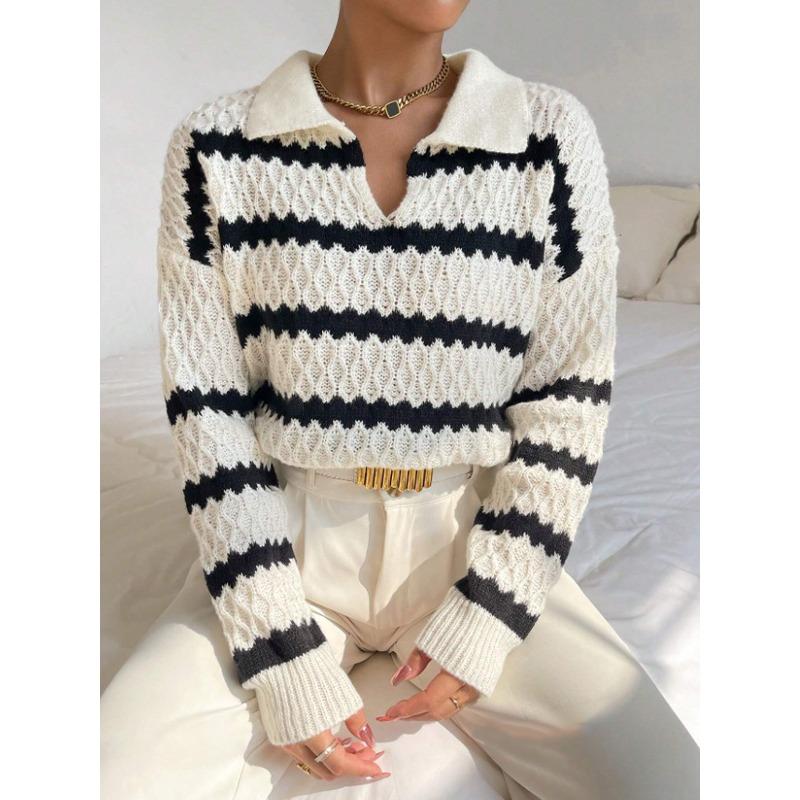 Women S Loose Striped Polo Neck Long Sleeve Knit Sweater