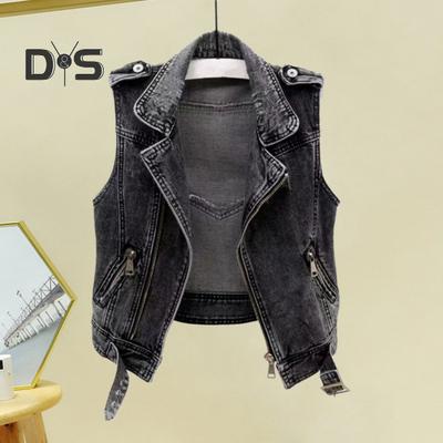Mulheres denim colete sem mangas lapela cor sólida hip hop vintage zip up bolsos com zíper streetwear plus size senhora primavera outono curto colete