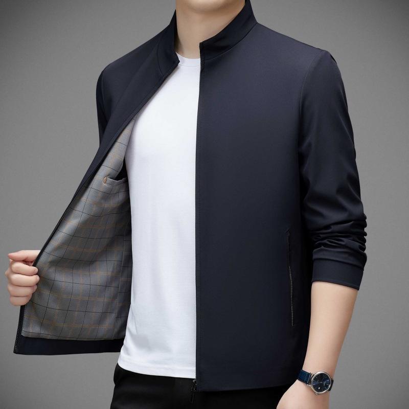 Frühlings- und Herbst-Maulbeerseidenjacke Herren Mittleren Alters und Alter Dad Freizeit-Oberteil Locker Stehkragen Dünne Herrenjacke