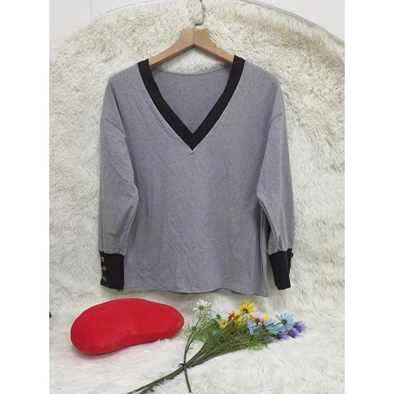 Elegant Plus Size Women S V Neck Long Sleeve Top With Button Decor