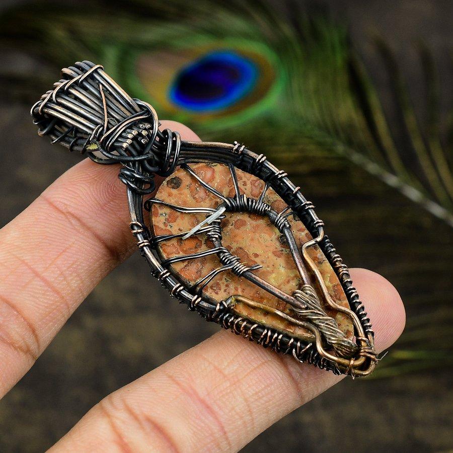 Leopard Skin, Moonstone Gemstone Copper Wire Wrap Jewelry Pendant 2.80"