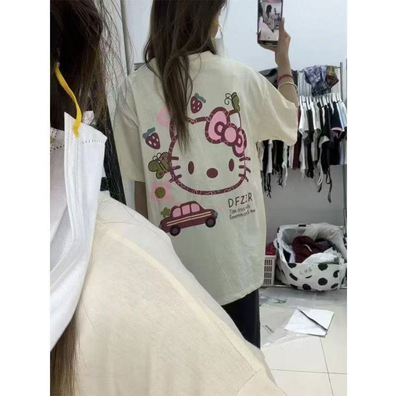 

Sanrios 2026 Summer New Collection HelloKitt Graffiti Cartoon Print Pure Cotton Breathable Womens ShortSleeved TShirt S