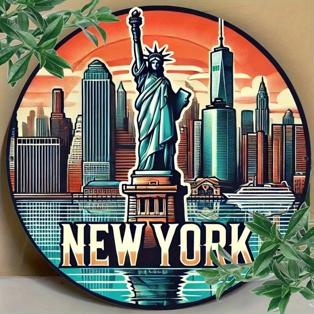 Vintage NYC Skyline Metal Wall Art Modern Aluminum Gold Statue Of Liberty