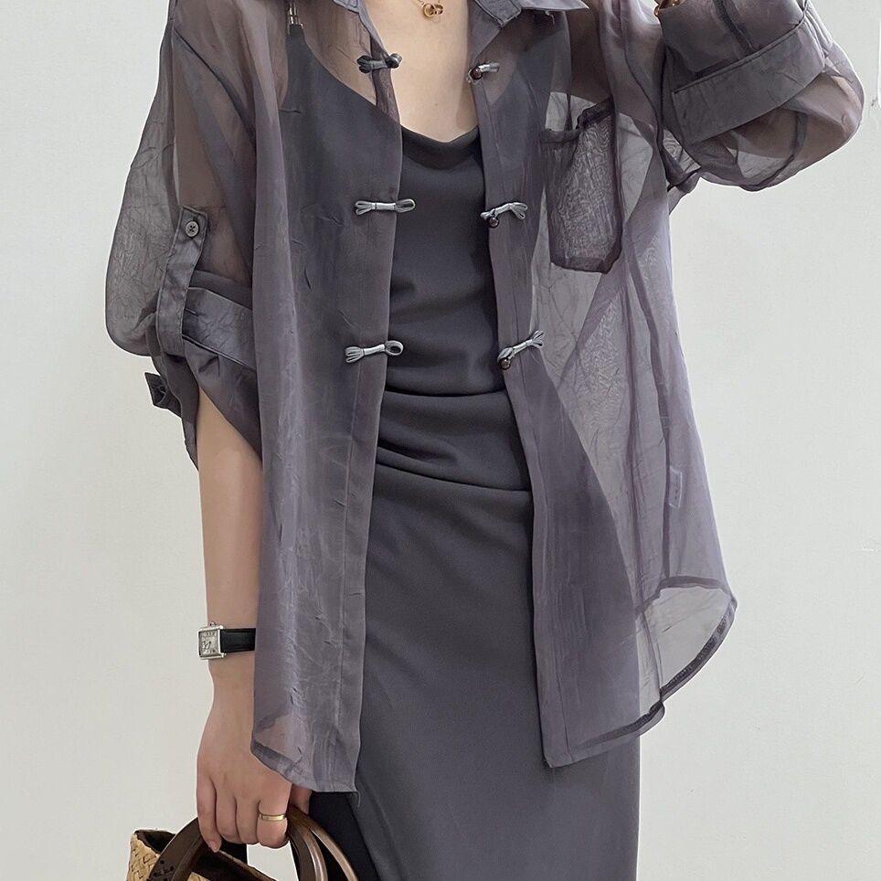 Women's Mandarin Collar Shirt Summer Spaghetti Strap Dress Outerwear Lightweight Sun Protection Cardigan