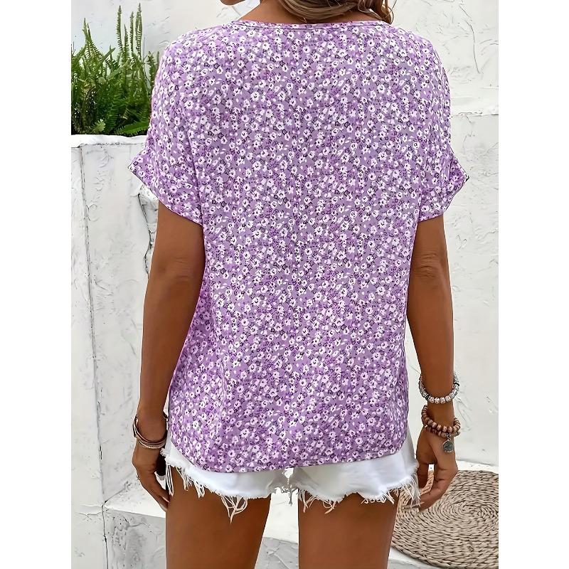 Summer Printed Women's T-shirt Elegant Floral Buttons Short Sleeve Loose Casual T-shirts Women Fashion Vintage Office Ladies Pullover Tee Tops New