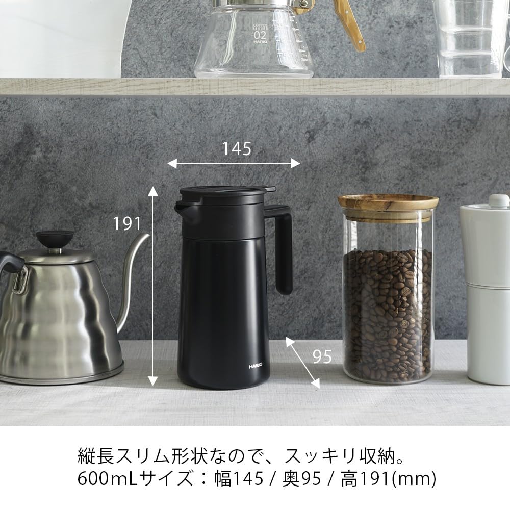 HARIO Insulated Pot, Ceramic Coated, Vacuum-Insulated, Double-Layer, Keeps Freshly Brewed Coffee Tasty, 600ml Capacity, Black, Gift Wrapping