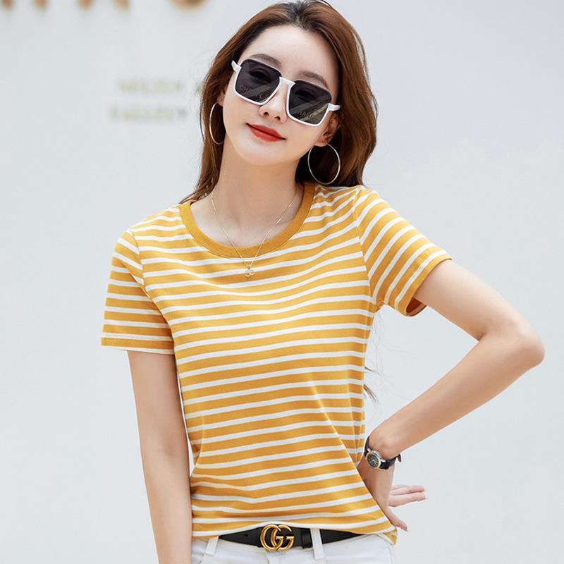 366 Sommer Gestreiftes Retro Lockeres Color Block T-Shirt - Koreanischer Stil Rundhals Kurzarm