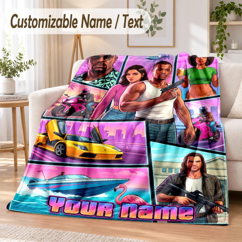 GTA Custom Name Flannel Throw Blanket Soft Warm for Sofa Bed Indoor Home Use