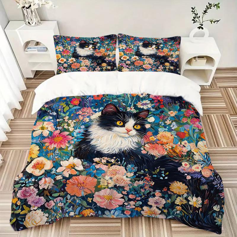3pcs Colorful Garden Cat Print Cover Set Ultra Soft, Breathable, and Comfortable Bedding with Stylish Design for Bedroom and Guest Room Decor 1 C