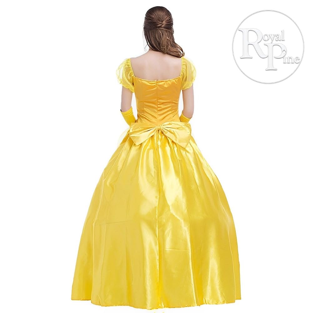 Royal Pine Women's Beauty and the Beast Belle-Style Gold Princess Dress with Petticoat, Luxurious 4-Piece Costume Set (Size L)