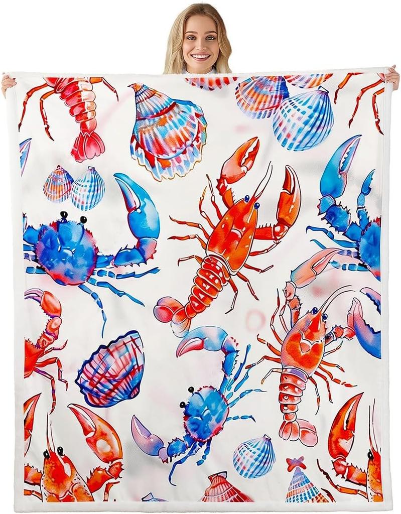 Red Lobster Pattern Blanket Soft Fleece Throw Seafood Theme Decor Fun Gift for Kitchen Living Room Bedroom