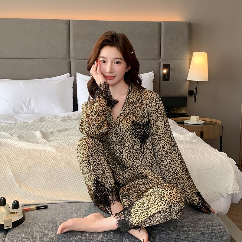 Pajamas Ladies Ice Silk Lace Leopard Print Light Luxury Early Spring Mature Long Sleeve Suit Comfortable Loungewear