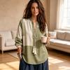 Women's Casual Striped V-Neck Blouse with Tie Front Loose Fit Retro