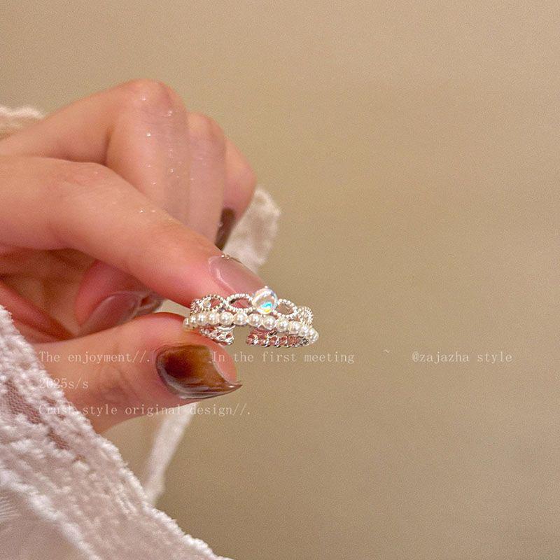 Exquisite 2025 French Pearl Lace Open Women s Stackable Index Finger Ring Adjustable Open