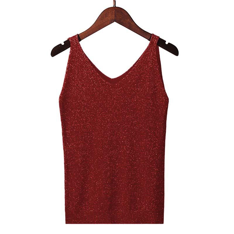 Women Summer Sexy Slim V-Neck Bright Silk Knitted Sleeveless Vest Top T-Shirt Basic Trend