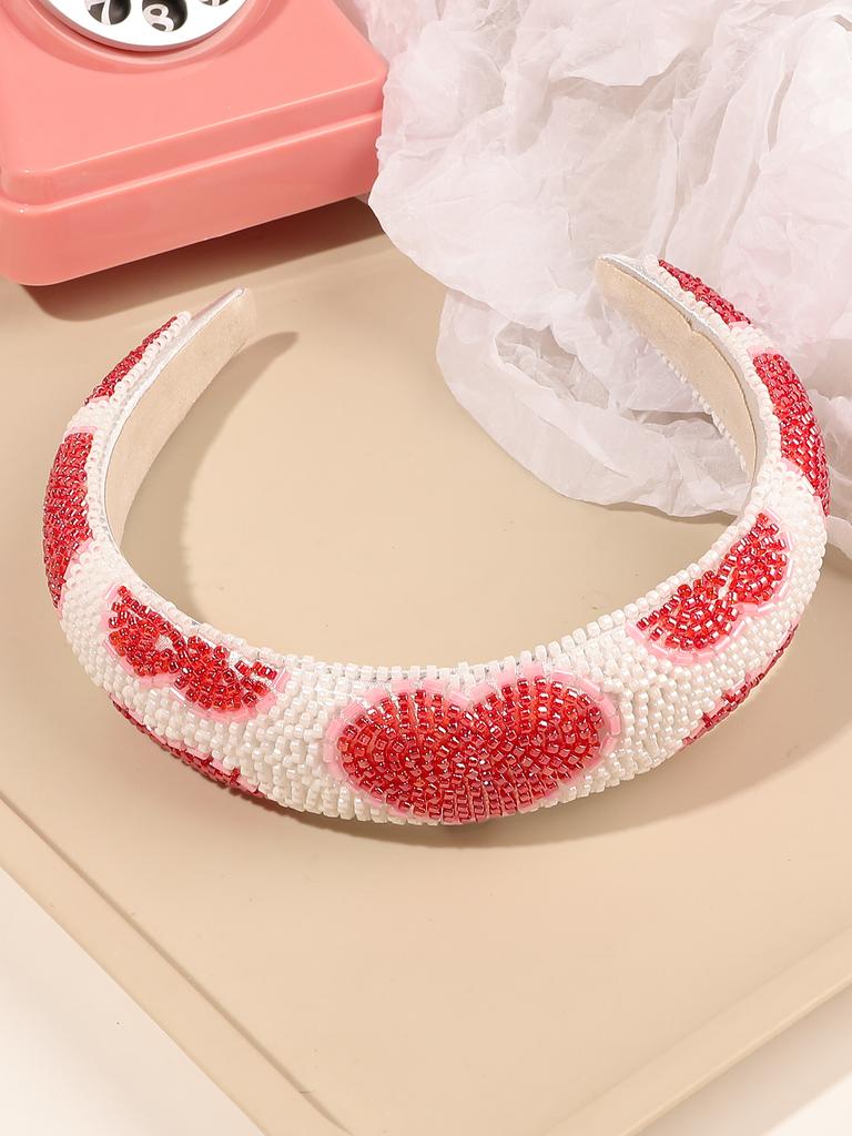 1Pcs Red White Fashion Heart Headband for Women,Bling Crystal Beaded Padded Hairband Cute Valentine's Day Gifts Hair Accessories