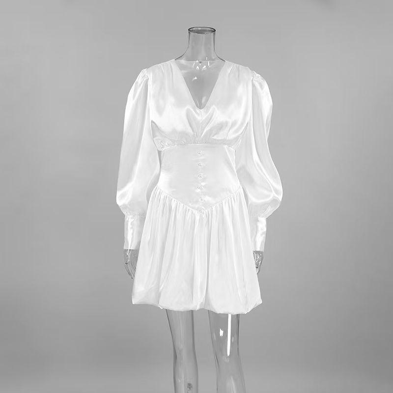 

Fashion Wind Autumn Sexy V-neck Lantern Sleeve Tulle Tutu Dress V-Neck Lantern Sleeve Dress White M