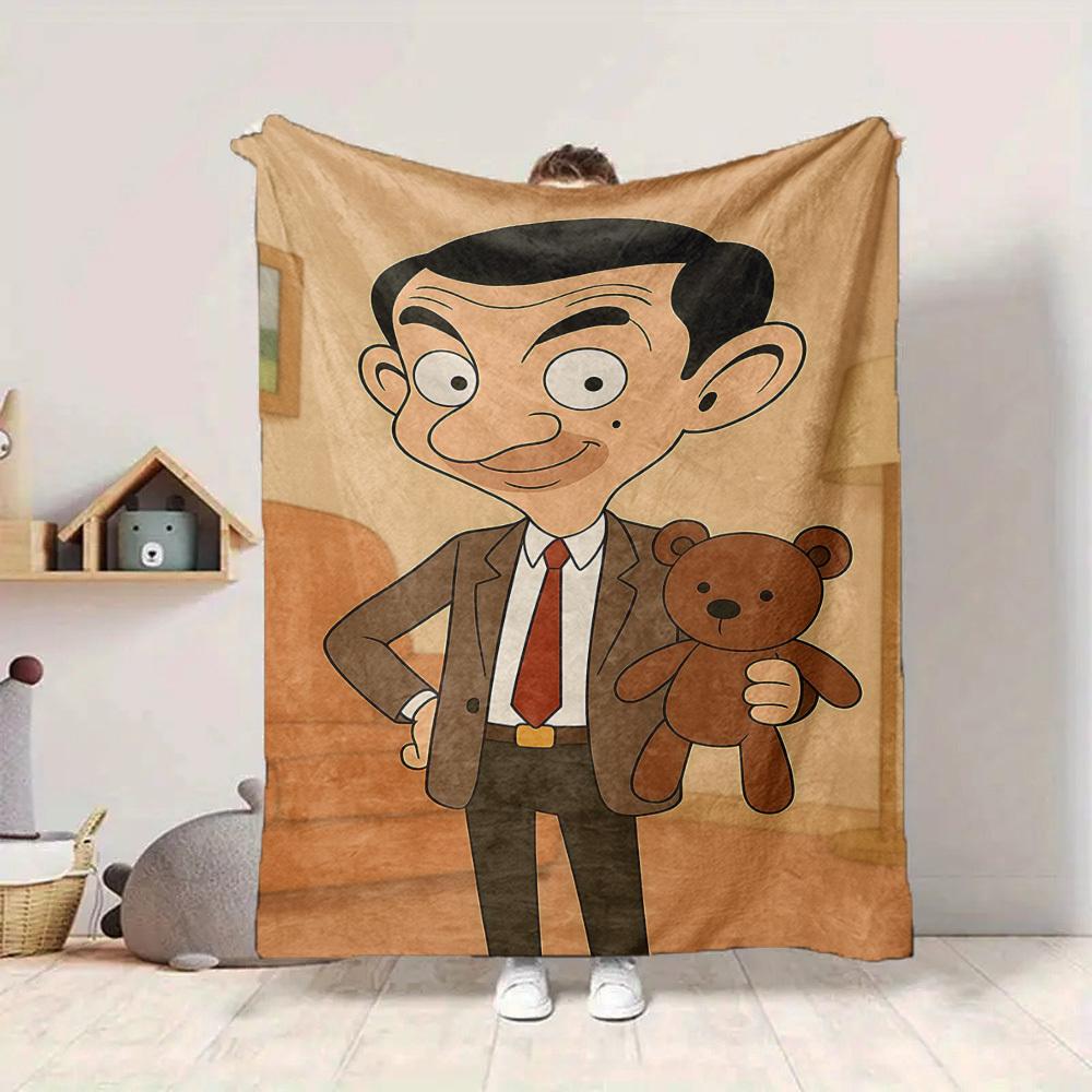 1 st Mr. Bean Teddy Flanellen Plaid HD Geprint Lichtgewicht Zacht Warm Deken voor Alle Seizoenen voor Bank, Bed, Reizen, Kamperen Machinewasbaar