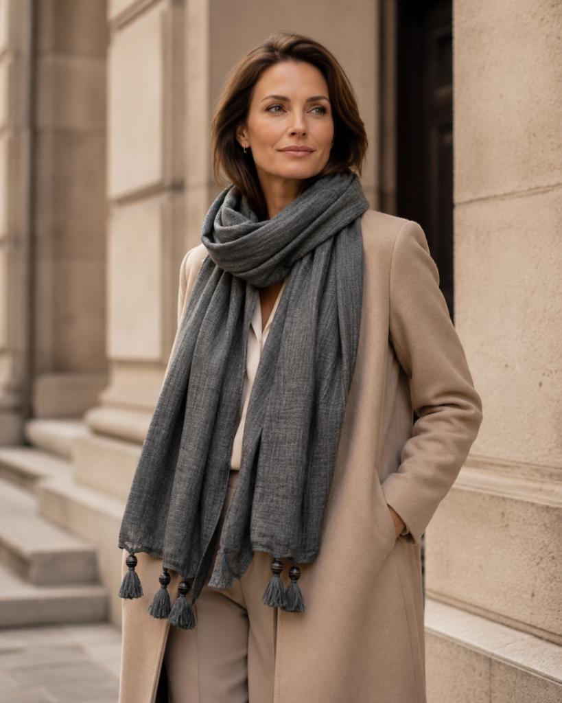 Gray Scarf with Fringes 180X80 - Cotton with Polyester