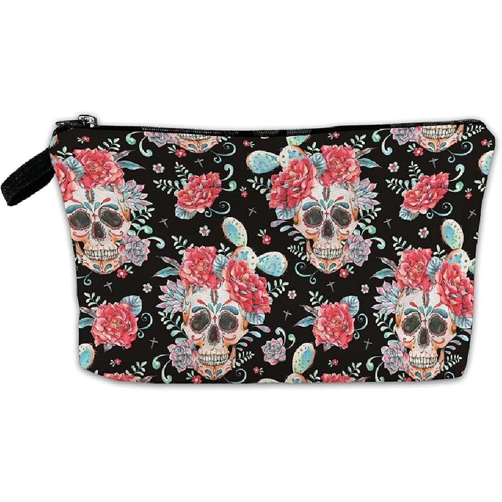 White Flower Floral Makeup Cosmetic Bag Blue Aesthetic Pouch Organizer Small Compact Cute Travel Mini Portable Beauty Toiletry Make Up Brush Storage