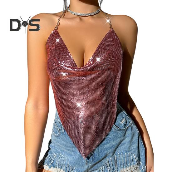 Women Sequin Sling Tops Halter Sleeveless Backless Short Vest with Metal Chain Laces And Swing Collar Sexy Camisole