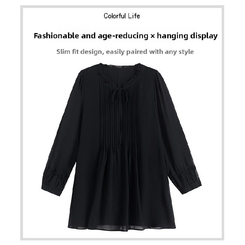 2026 Spring and Autumn New Large Size Tummy-Covering Slimming Top with Stylish Design, Chiffon Long-Sleeve Women's Top
