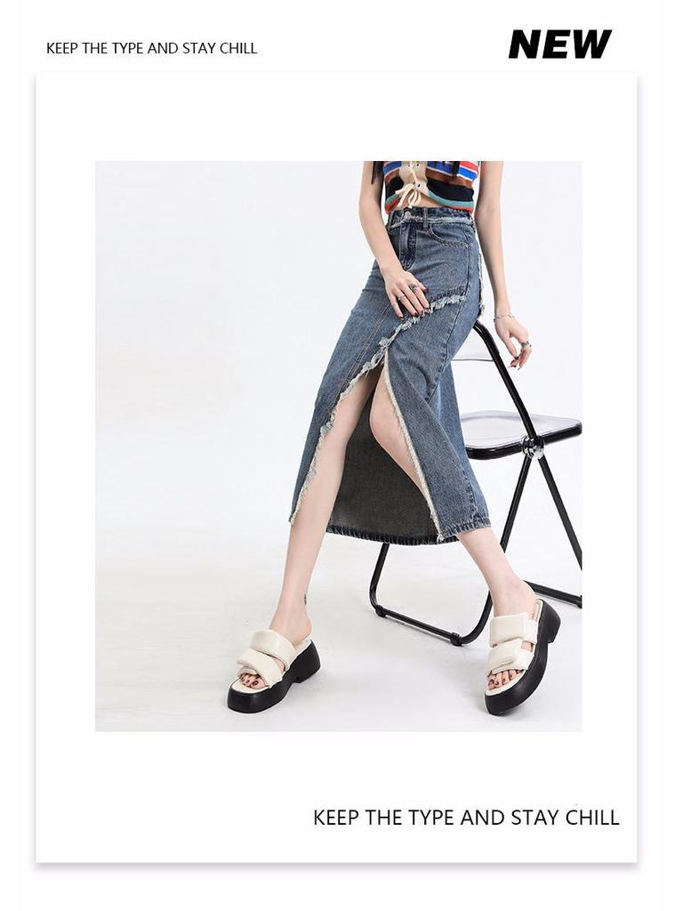 2024 Spring/Summer Women's High-Waist A-Line Denim Midi Skirt with Front Slit and Retro Raw Edge