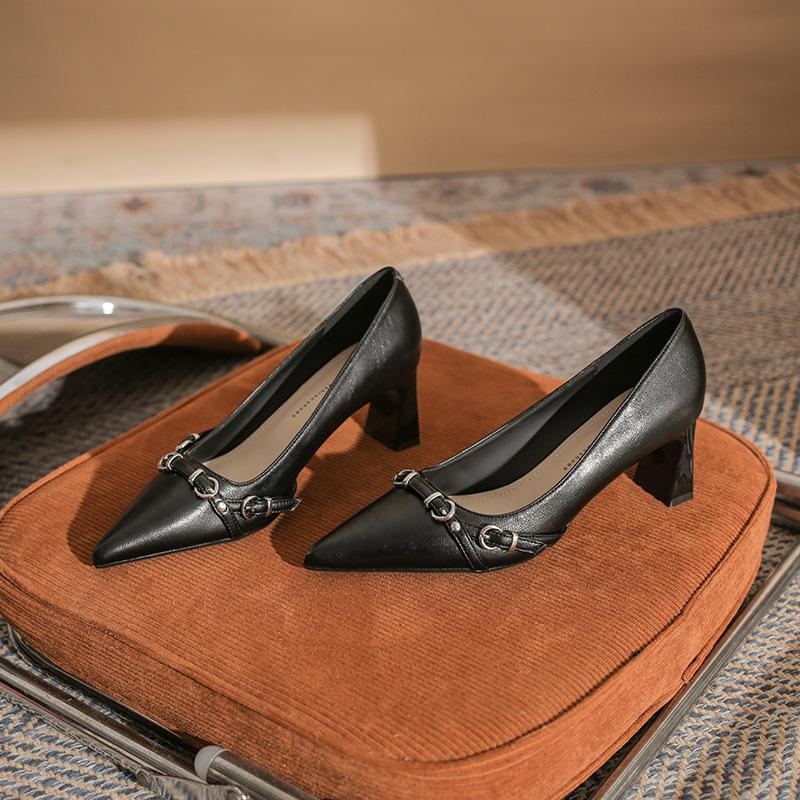 Stylish Women's High Heels, Thin Heels, Versatile Metal Pointed High-end Single Shoes, Commuting New Spring and Autumn Buckles
