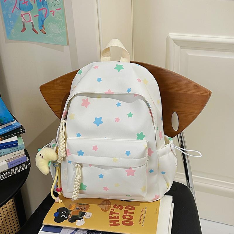 

Cute Colorful Star Patterned Student Lightweight Backpack With Plush Pendant For School Travel S білий