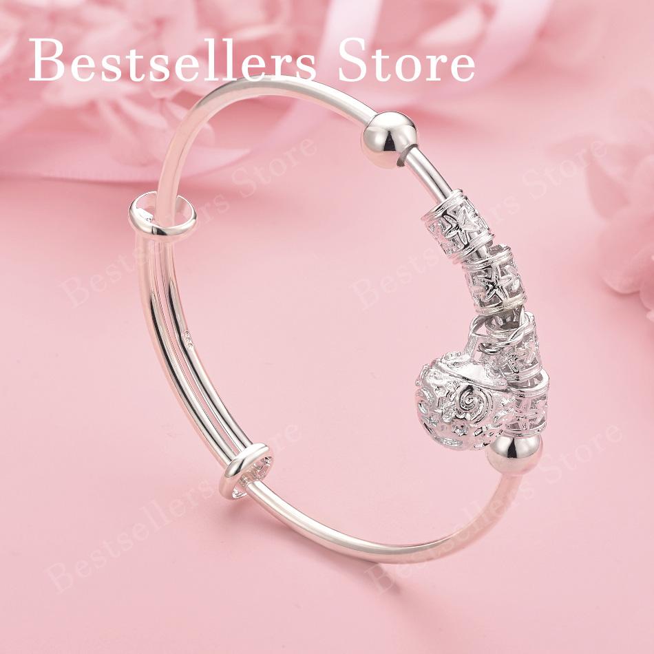 Luxury 925 Sterling Silver Exquisite Beaded Pendant Bangle, Fashionable Wedding Party Jewelry, Adjustable Bangle