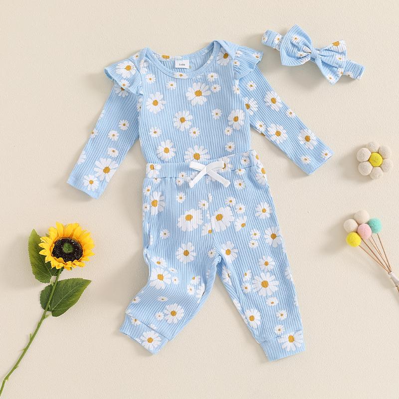 Citgeett Autumn Infant Baby Girl Fall Outfit Daisy Print Long Sleeve Romper Pants Headband Clothes Set