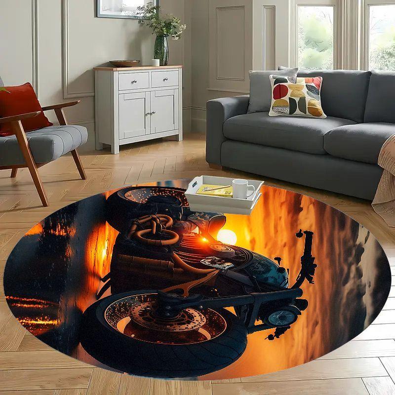 Steampunk Motorcycle Sunset RoundRug Flannel Artistic Floor Mat Industrial Style HomeDecor Soft Non Slip Washable Carpet for Man