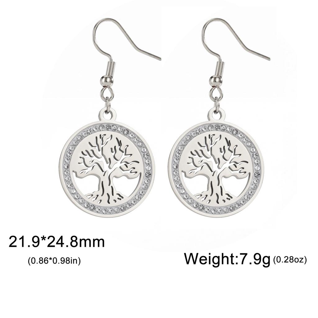 Tree of Life Women's Earrings Stainless Steel Gold Clear Zircon Round Pendant Dangle Earring Amulet Jewelry Gift