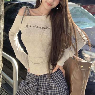 Haut chic floral à carreaux gris à une épaule noué à manches longues slim pour femmes – Imprimé lettre automne